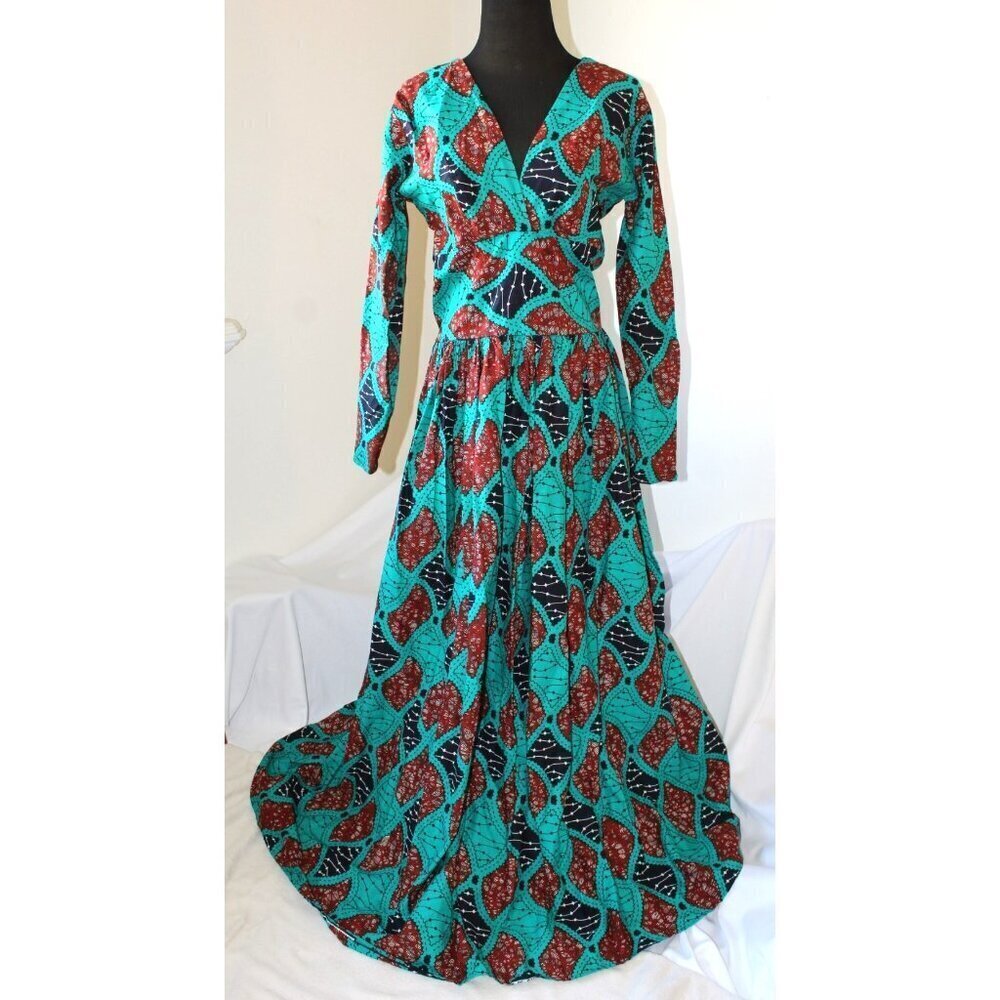 Handmade African multicolor Prairie Maxi dress M Tall Long sleeve zip up Tribal - Picture 2 of 13